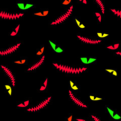 Predatory, toothy smiles of monsters watching from the dark, sparkling bright eyes, seamless pattern of Halloween.