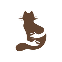 Silhouette icon of cat and hands hug. Human and animal friendship