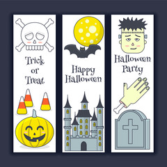 Halloween banner with castle, zombie, skull and tombstone