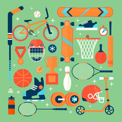 Set of colorful sport icons.Isolated vector objects.Tourism, sports, fitness and a healthy lifestyle. Flat illustration
