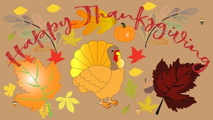 Happy Thanksgiving greeting card25-leaves and turkey