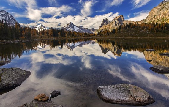 Snowy Mountain Top Reflections and Distant Autumn Panoramic Landscape View above Lake O'Hara in Yoho National Park, Rocky Mountains British Columbia Canada