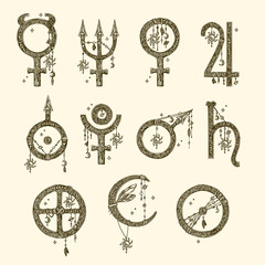 Symbols of the planets. Beautiful boho set, eleven elements. Vintage. Vector illustration. © KseniaKrop