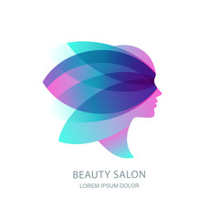 Female profile silhouette in abstract butterfly wings. Vector logo, emblem, label design. Womens face in pink flower leaves. Concept for beauty salon, makeup cosmetic, cosmetology procedures and spa.