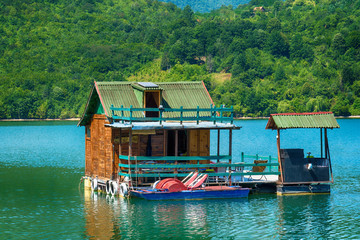 Naklejka premium Perucac, Serbia July 31, 2017: Houseboats of Perucac lake, Tara National Park (Serbia) 