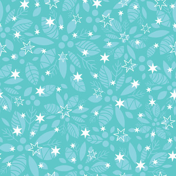 Vector holly berry and stars blue holiday seamless pattern background. Great for winter themed packaging, giftwrap, gifts projects.