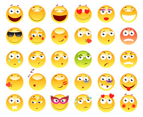 Set of 3d cute Emoticons. Emoji and Smile icons. Isolated on white background. vector illustration.