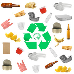 Different types of garbage and recycling sign on white background