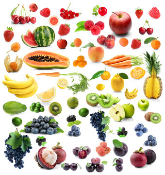 Collage of different fruits and berries on white background
