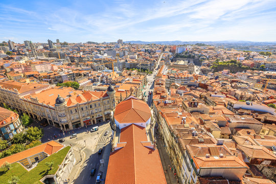 Aerial view of historic city center of Porto in Portugal from Clerigos Tower, one of the landmarks and symbols of Oporto. Urban skyline landscape.