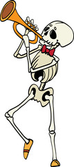 Vector skeleton plating trumpet music Haloween design element illustration. Great for spooky fun party themed gifts, giftwrap. packaging.