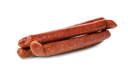 Smoked sausages on white background