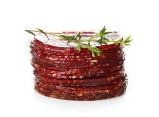 Delicious sliced sausage on white background