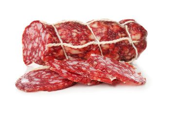 Delicious sliced sausage on white background