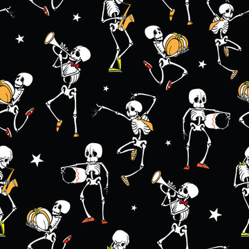 Vector dark black dancing and plating music skeletons band Haloween repeat pattern background. Great for spooky fun party themed fabric, gifts, giftwrap.