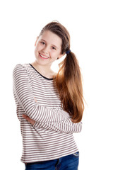 Portrait of the young stylish girl over the white background