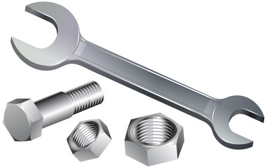Bolt, nuts, wrench.