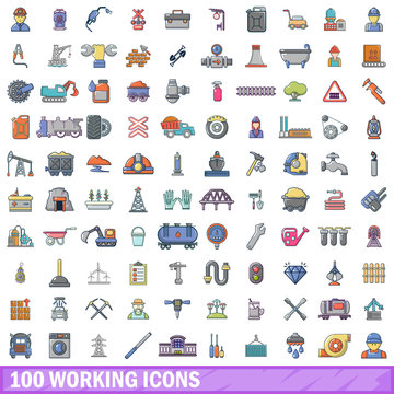 100 working icons set, cartoon style 