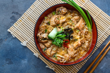 Oyakodon japanese chicken, egg on top of the rice bowl