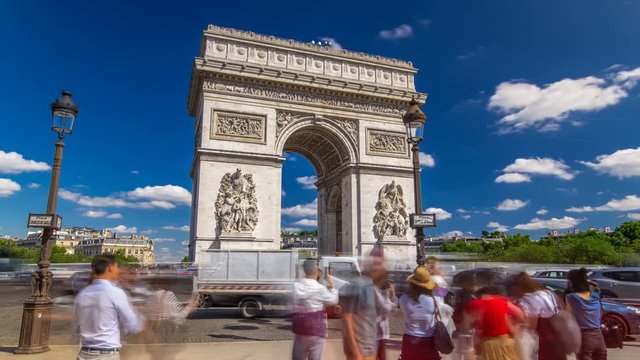 The Arc de Triomphe Triumphal Arch of the Star timelapse hyperlapse is one of the most famous monuments in Paris