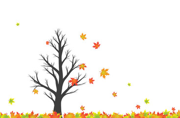 Magic colorful autumn season windy tree with white copy space background. Illustration.