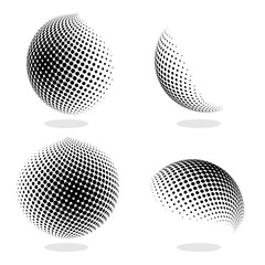 Abstract Globe Dotted Sphere. 3d Halftone Effect Vector Background. Black and White Set of Vector Illustration.