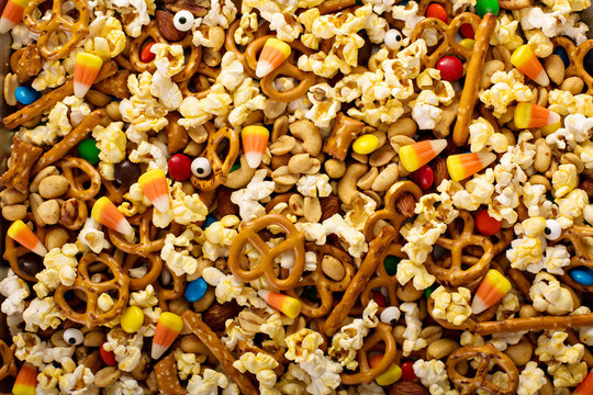 Homemade Halloween Trail Mix With Popcorn, Pretzels And Nuts