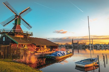 Sunset at Zaanse Schans windmill in the Netherlands 