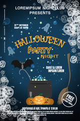 Vector poster for Halloween party night with group of witches, magic cauldron with sparkles, text on the gradient dark blue background with silhouettes of pumpkin.