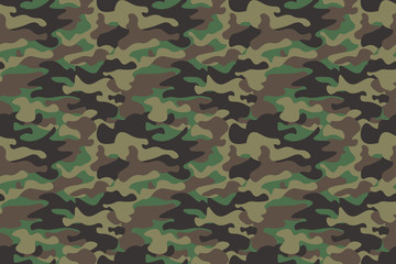 Fototapeta premium Camouflage seamless pattern background. Horizontal seamless banner. Classic clothing style masking camo repeat print. Green brown black olive colors forest texture. Design element. Vector illustration