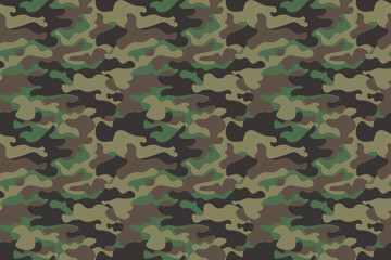 Camouflage seamless pattern background. Horizontal seamless banner. Classic clothing style masking camo repeat print. Green brown black olive colors forest texture. Design element. Vector illustration