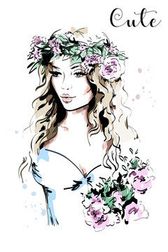 Beautiful young woman in wreath. Hand drawn woman portrait. Fashion lady. Sketch. Vector illustration.