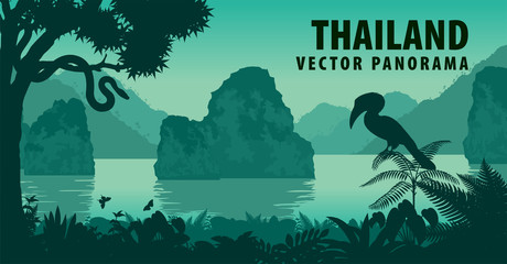 vector panorama of Thailand with great hornbill and python near jungle beach © Save Jungle