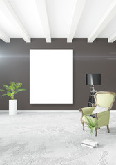 Loft bedroom in modern style interior design with eclectic wall and stylish sofa. 3D Rendering.