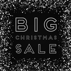 Big Christmas Sale greeting card. Random falling white dots background. Random falling white dots on black background. Splendid vector illustration.