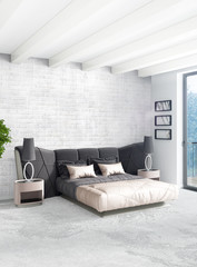Loft bedroom in modern style interior design with eclectic wall and stylish sofa. 3D Rendering.