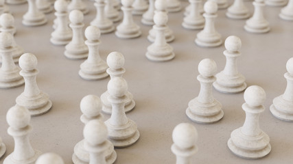 white Chess pawns scattered on a white surface with shallow depth of field