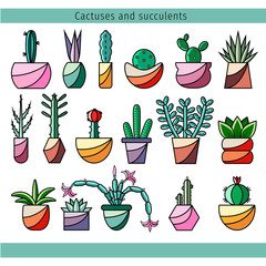 Set of cactuses and succulents in line flat design. Cacti vector icons on isolated white background. Collection of house potted plants in minimalistic style. Illustration of indoor flowers.
