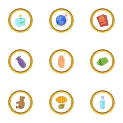 Camp of refugee icons set, cartoon style