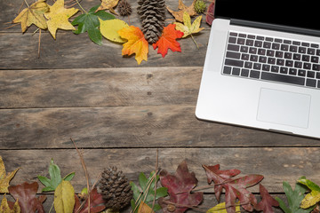 fall leaves on wood table with laptop computer tech