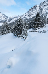 Snow covers a mountainside in Ordino, Andorra