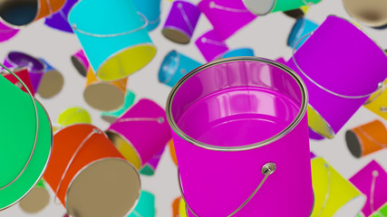 Floating Vibrantly Colored Paint Cans Against a background of similarly brightly colored oil barrels