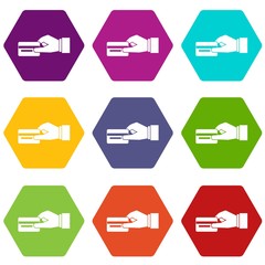 Hand holding a credit card icon set color hexahedron