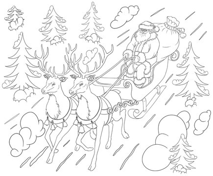 Santa on a sleigh rushes in the middle of a winter forest with Christmas trees and snowdrifts.