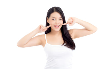 Naklejka premium Beautiful girl with makeup, woman and skin care cosmetic concept / attractive beauty asian girl on face with hand touch cheek and smile isolated on white background.