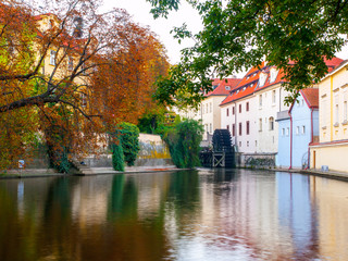 Certovka, Devil River, with watermill wheel at Kampa Island, Prague, Czech Republic