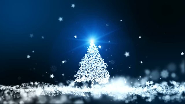 Seamless loop, Animation motion background, The particle merges into a Christmas tree shape with light ray beam.
