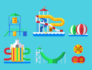 Water aquapark playground with slides and splash pads for family fun vector illustration.