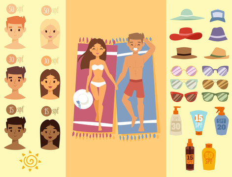 People sunshine tan beach outdoors summer suntan sun characters skin protection sunburn vector illustration.