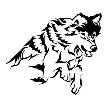 Silhouette tribal soar wolf jumping tattoo vector